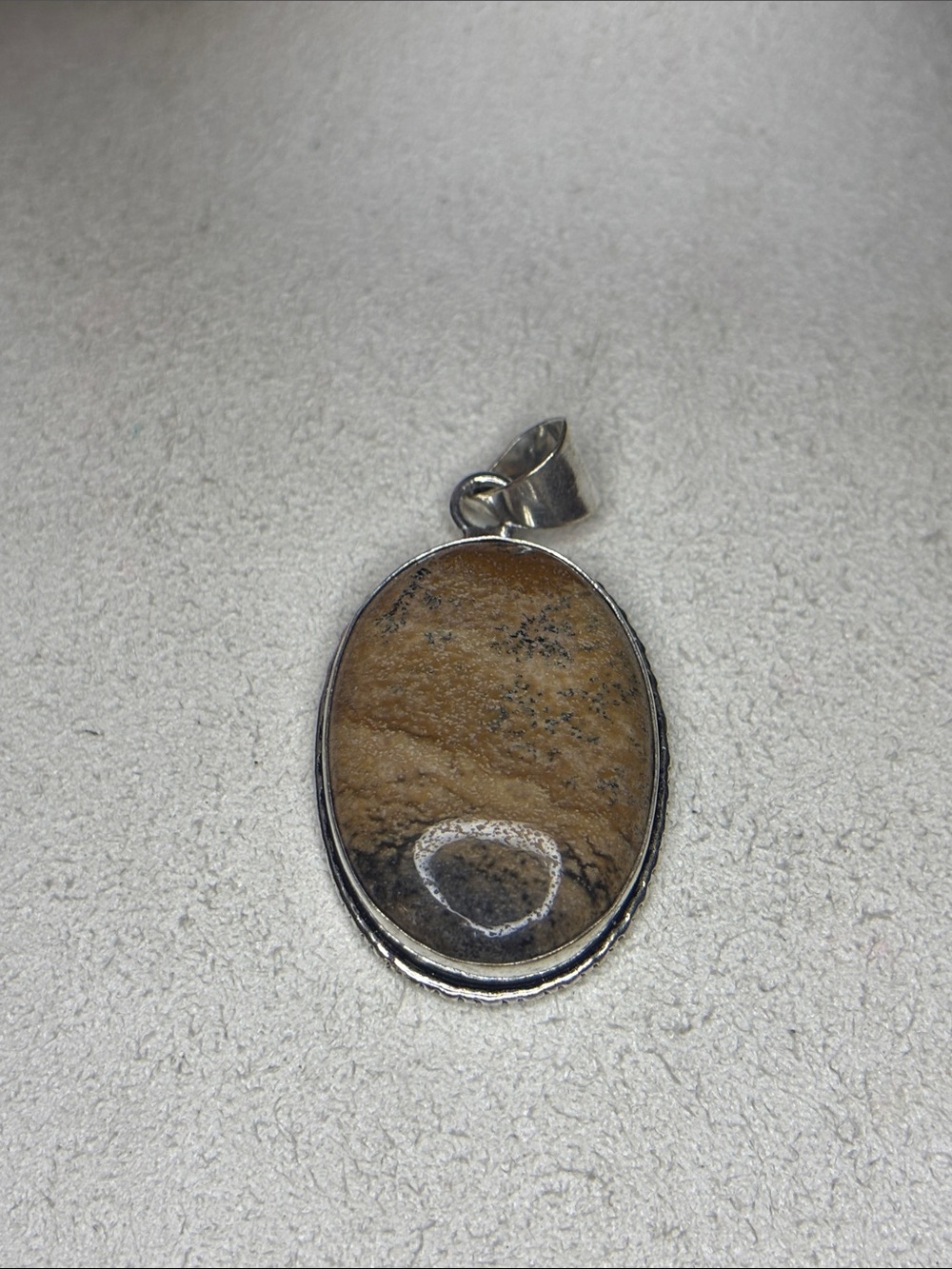 Picture Jasper, darker, smaller, oval shaped stone, pendant, silver plated